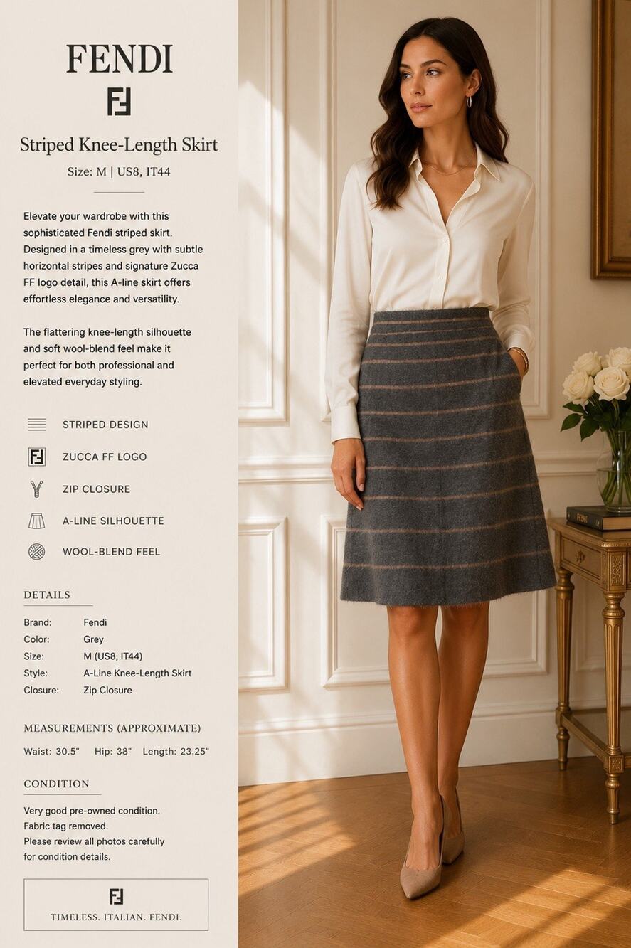 Fendi Striped Wool Blend A-Line Skirt IT44 / US8 – Zucca FF Logo Knit Skirt